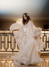 Load image into Gallery viewer, Luxury thick turkey feather fringe long bridal robe set with night gown
