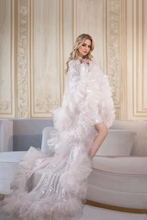 Load image into Gallery viewer, Ruffled tulle fringe hem sequin mesh long robe with sequin nightgown pink ivory
