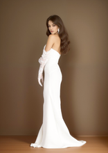 Load image into Gallery viewer, Elegant strapless front button design fit and flare middle slit simple silky satin wedding dress
