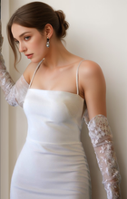 Load image into Gallery viewer, Greece Goddess Spaghetti-straps Stretchy Satin wedding dress small train little white dress

