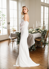 Load image into Gallery viewer, Elegant strapless front button design fit and flare middle slit simple silky satin wedding dress
