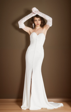 Load image into Gallery viewer, Elegant strapless front button design fit and flare middle slit simple silky satin wedding dress

