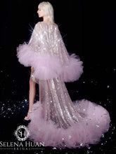 Load image into Gallery viewer, Ruffled tulle fringe hem sequin mesh long robe with sequin nightgown pink ivory
