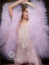 Load image into Gallery viewer, Ruffled tulle fringe hem sequin mesh long robe with sequin nightgown pink ivory
