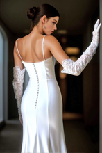 Load image into Gallery viewer, Greece Goddess Spaghetti-straps Stretchy Satin wedding dress small train little white dress
