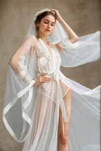Load image into Gallery viewer, Elegant Sheer Lace Bridal Robe with Floral Embroidery and Satin Tie
