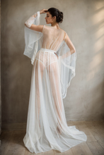 Load image into Gallery viewer, Elegant Sheer Lace Bridal Robe with Floral Embroidery and Satin Tie
