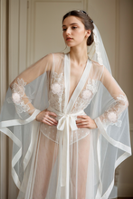 Load image into Gallery viewer, Elegant Sheer Lace Bridal Robe with Floral Embroidery and Satin Tie
