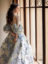 Load image into Gallery viewer, Elora - embroidery golden blue floral pattern off-the-shoulder Princess Prom Dress
