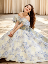 Load image into Gallery viewer, Elora - embroidery golden blue floral pattern off-the-shoulder Princess Prom Dress
