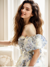 Load image into Gallery viewer, Elora - embroidery golden blue floral pattern off-the-shoulder Princess Prom Dress
