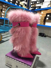 Load image into Gallery viewer, Pink Feather Pointed Toe Stiletto : Chain High Boots
