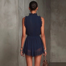 Load image into Gallery viewer, Lace Spliced V-Neck Mini Dress – Sleeveless High-Waist Ruffle Dress for Women
