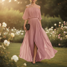 Load image into Gallery viewer, Women's One-Shoulder Ruffle Sleeve Chiffon Maxi Dress | Side Split High Waist Dress in 3 Colors
