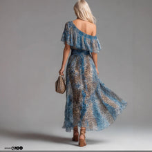 Load image into Gallery viewer, Women's Leopard Print Asymmetrical Shoulder Maxi Dress | Ruffle Waist-Cinching Boho Dress
