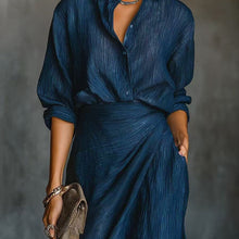 Load image into Gallery viewer, Women's Two-Piece Pleated Shirt &amp; Draped Wrap Maxi Skirt Set – Long Sleeve Button Top
