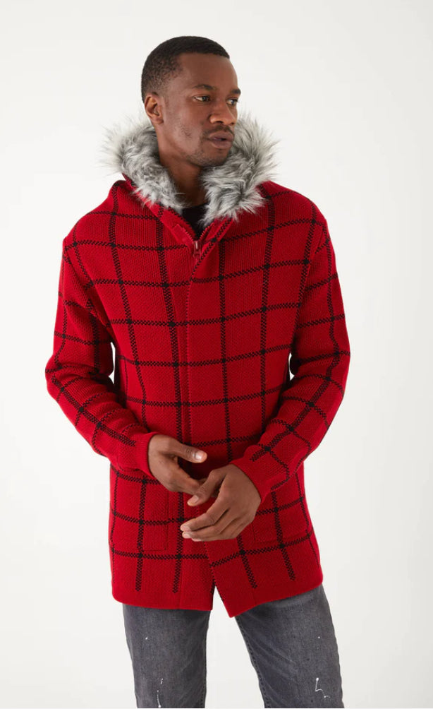 Lagos Red Exclusive Men's Red Plaid Long Sweaters | Fur Hoodie