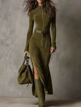Load image into Gallery viewer, Women's Suede Velvet Zip-Front Fishtail Maxi Dress – Long Sleeve High Waist Mermaid Hem
