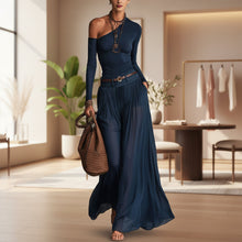 Load image into Gallery viewer, Asymmetrical Shoulder Long Sleeve Dress Set – Belted A-Line Maxi Dress
