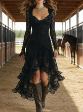 Load image into Gallery viewer, Women's Elegant Lace Panel High-Waist Square Neck Long Sleeve Maxi Dress
