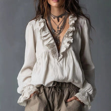 Load image into Gallery viewer, Women's V-Neck Ruffle Trim Flared Cuff Long Sleeve Blouse
