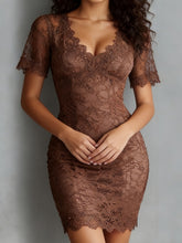 Load image into Gallery viewer, V-Neck Lace Bodycon Pencil Dress – Fitted Slimming Midi Dress
