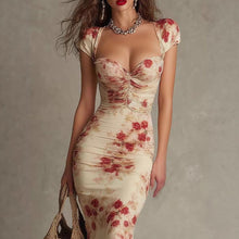 Load image into Gallery viewer, Women's Vintage Printed Sweetheart Neck Bodycon Midi Dress
