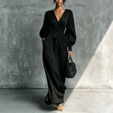 Load image into Gallery viewer, Women's Deep V-Neck Pleated Bishop Sleeve Smocked Waist Maxi Dress
