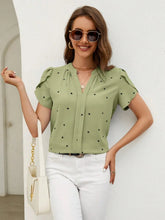 Load image into Gallery viewer, Women's V-Neck Heart Print Blouse – Petal Sleeve Pleated Front Elegant Top
