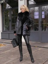 Load image into Gallery viewer, Audrey Genuine Lamb Leather Fox Fur Down Coat in Dark Sapphire
