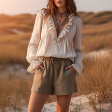 Load image into Gallery viewer, Women's V-Neck Ruffle Trim Flared Cuff Long Sleeve Blouse
