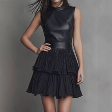 Load image into Gallery viewer, Black PU Leather Spliced Mini Dress – Sleeveless Double-Layer Ruffle Hem
