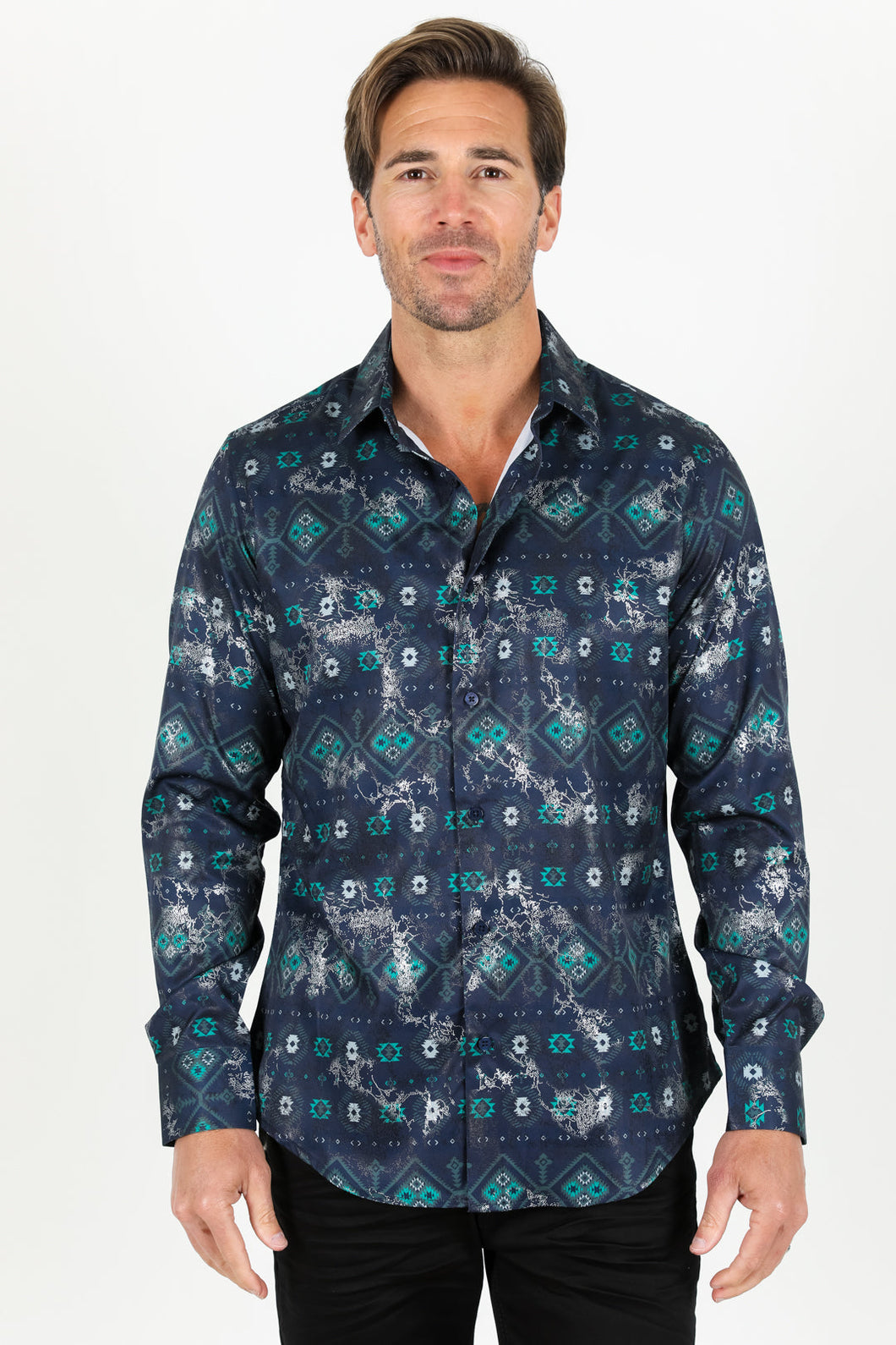 Mens Modern Fit Stretch Foiled Shirt - Navy