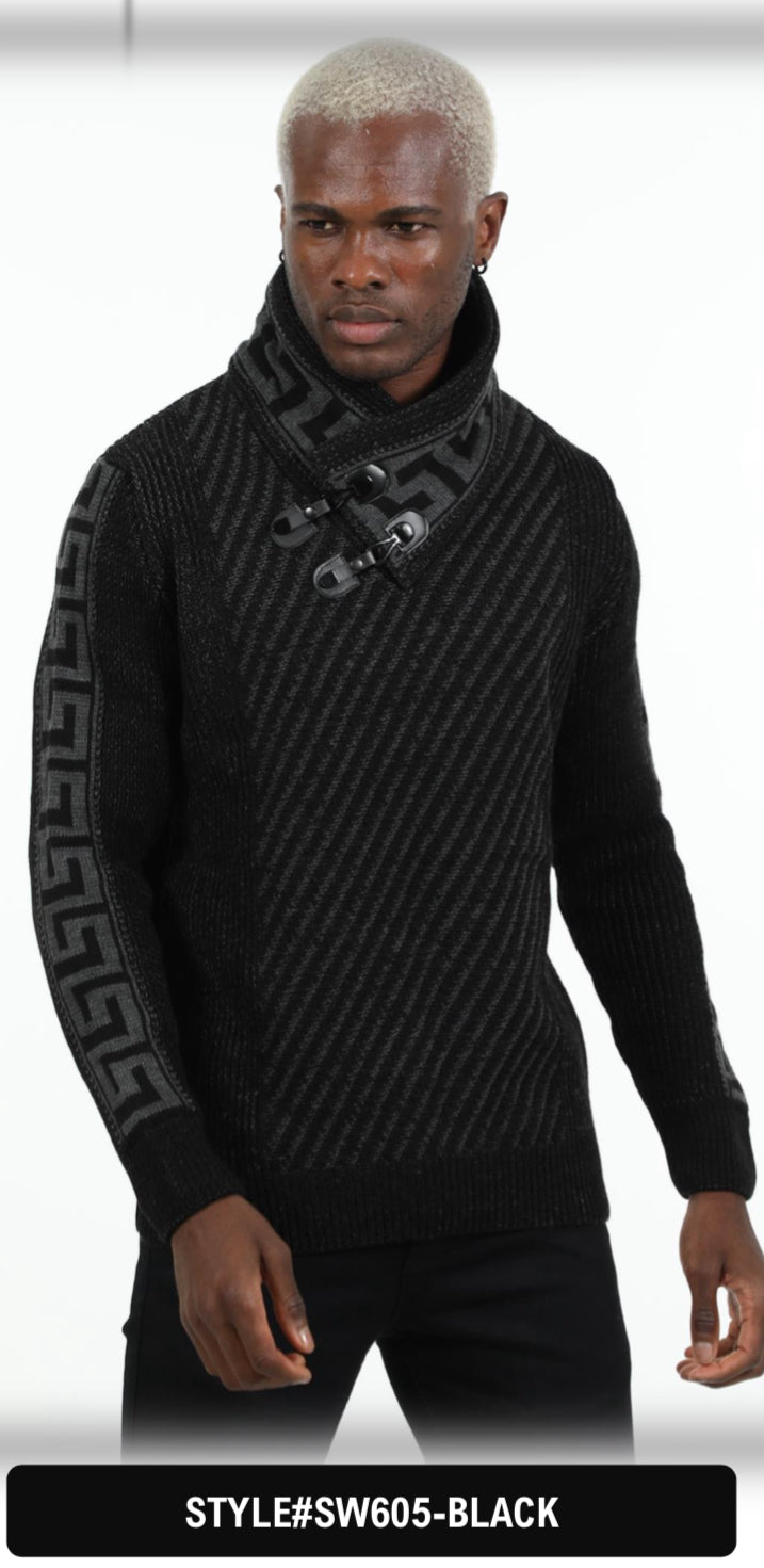 Suslo Couture Black/Grey Button Up Sweater | Geometric Print SW605