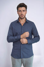 Load image into Gallery viewer, Dark Blue Tiny Check Patterned Slim Fit Shirt - Wessi
