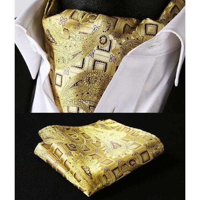 Golden Sophisticated Paisley Ascot/Cravat Tie & Handkerchief
