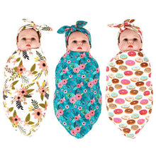 Load image into Gallery viewer, Swaddle Blanket Set Receiving Wrap Props Newborn Infant Boy Girl Headwear Flower Print Romper With Bow
