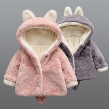 Load image into Gallery viewer, Baby Girl Einter Jacket Girl Cute Rabbit HoodedJacket Children's Wool Sweater Plus Thick Warm Plush For Kids
