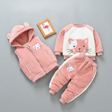 Load image into Gallery viewer, Baby Clothes Winter Thick And Warm Three-piece Cartoon Bear And Fox Printed Sweater Hooded Baby Girl Clothing Set Sweater and Pants
