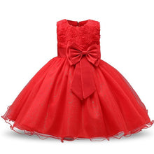 Load image into Gallery viewer, Handmade Luxury New Elegant Girls White First Birthday Party Wear 3D Rose Flower Dress Toddler Girl IWth Big Bow
