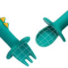 Load image into Gallery viewer, Big Modern New Set Spoon and Fork For Baby Utensils Set Auxiliary Food Silicone Gel Spoon Baby Learn To Eat Training Bendable Soft Spoon Children Tableware With Dinosaur Design
