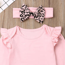 Load image into Gallery viewer, Newborn Baby Girl Clothes Fly Sleeve Knitting Cotton Romper Tops Leopard Print Long Pants Headband 3Pcs Outfits Clothes
