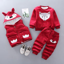 Load image into Gallery viewer, Baby Clothes Winter Thick And Warm Three-piece Cartoon Bear And Fox Printed Sweater Hooded Baby Girl Clothing Set Sweater and Pants
