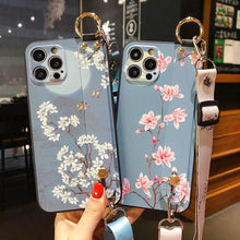 Load image into Gallery viewer, Ultra Luxury Case Cute Flower Design with Ring Kickstand Soft Crossbody Phone Cover for iPhone 13 14 Pro Max Case Fashion Crossbody Shoulder Strap Flower Leaf Phone Holder Cover for iPhone 12 11 X XR XS 7 8 Plus
