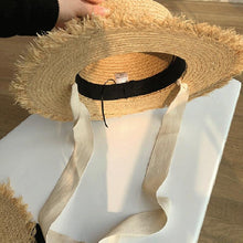 Load image into Gallery viewer, Vintage Straw Hat Women Wide Sun Protection Beach Hat Black And White Ribbon Bowknot Cute Design Straw Cap Women Elegant Summer Hat Beach Fedoras Casual Ladies Flat Top Hat
