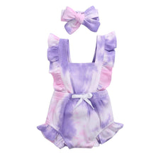 Load image into Gallery viewer, Luxury Modern New Printed Colorful Toddler Girls Rompers With Headband Ruffles Short Sleeve Printed Backless Jumpsuits
