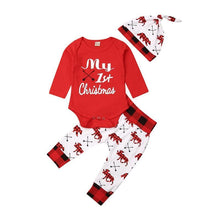 Load image into Gallery viewer, Casual New Baby Boy/Girl  First Christmas printed Clothes Romper Trousers Hat Outfit Set
