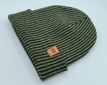 Load image into Gallery viewer, HAAKWEAR Cuffed Wide Ribbed Striped Beanie / Hat, Black / Green, Limited Edition - Made in USA
