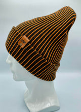 Load image into Gallery viewer, HAAKWEAR Cuffed Wide Ribbed Striped Beanie / Hat, Black / Orange, Limited Edition - Made in USA
