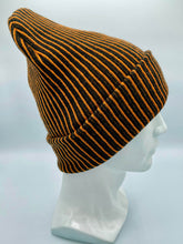 Load image into Gallery viewer, HAAKWEAR Cuffed Wide Ribbed Striped Beanie / Hat, Black / Orange, Limited Edition - Made in USA
